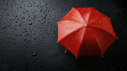 vibrant red umbrella on wet surface, surrounded by raindrops, evokes sense of freshness and protection