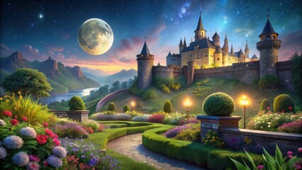 Enchanted Castle Gardens at Night A Serene Landscape with a Majestic Fortress, Blooming Flowers, and a Winding Path Under a Full Moon and Starry Sky