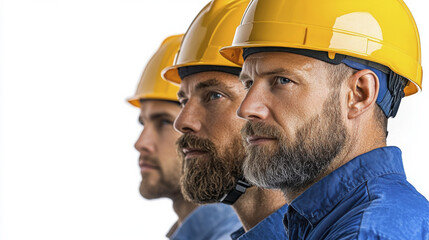 Three construction workers wearing yellow helmets, focused and determined