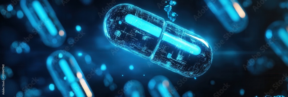 Aufkleber Glowing capsules create a futuristic atmosphere with blue light in a dark environment enhancing abstract medical design