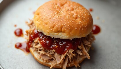 Delicious Pulled Pork Sandwich with BBQ Sauce on a Sesame Bun