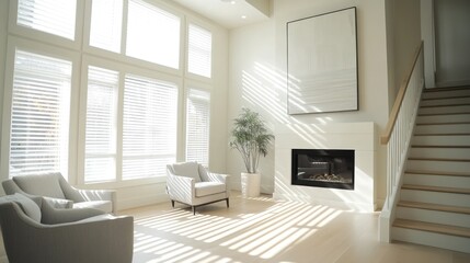 Modern living room, sunlight streams through windows, fireplace, stairs, home interior design