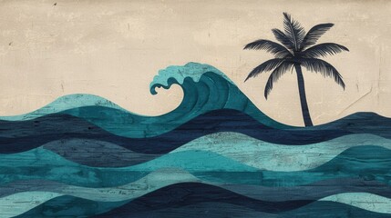 Tropical Waves and Palm Tree in Vintage Style Art Illustration