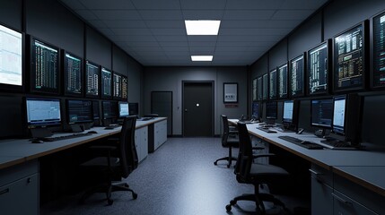 High-tech office environment showcasing data management systems modern workspace digital infrastructure night view