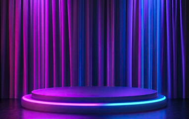 Abstract background podium scene with blue and purple neon light glowing effect, triangular elements. Vector illustration for product display presentation in a dark room. Stock photo,