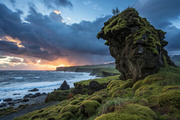 Majestic coastal landscape featuring moss covered rocks, crashing waves, and dramatic clouds at sunset. vibrant colors create serene yet powerful atmosphere