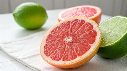 Fresh grapefruit and lime halves on light cloth, showcasing vibrant colors and textures. bright lighting enhances juicy, refreshing appeal of fruits