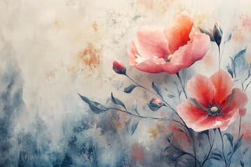 watercolor background with poppies flower