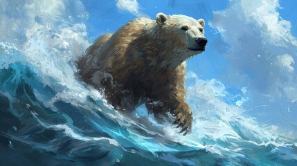 Fototapeta premium Majestic Polar Bear Surfing Through Ocean Waves Under Blue Sky