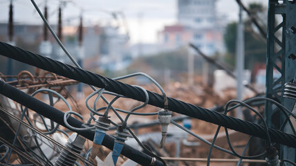 Damaged electrical infrastructure with fallen power lines, illustrating the impact of severe weather or natural disasters on essential services and public safety.