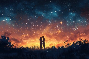 Fototapeta premium Couple embracing under a starry sky with warm glow at dusk creating a romantic and dreamy atmosphere