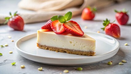 A delectable slice of creamy cheesecake, adorned with fresh strawberry slices and a sprig of mint, rests on a pristine white plate