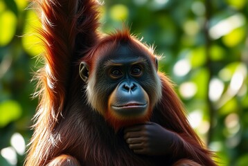 Fototapeta premium Close-Up Portrait of a Majestic Orangutan Amidst a Lush Green Environment