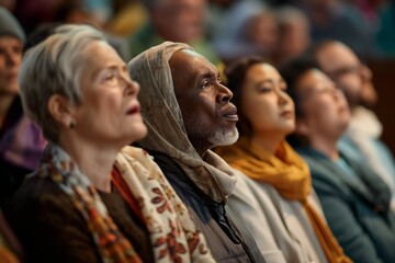 Obraz premium Individuals from various faiths come together in a moment of reflection, showcasing unity and diversity in beliefs during a community gathering