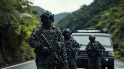 Obraz premium Military Personnel on Patrol in a Mountainous Area