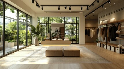 elegant interior of a boutique with large windows offering views of lush greenery creating a serene and sophisticated shopping experience