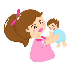 Cartoon image of a mother holding or hugging her child, the bond that occurs between a mother and child, the concept of a mother's love for her child, the concept and feelings of Mother's Day.