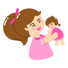 Cartoon image of a mother holding or hugging her child, the bond that occurs between a mother and child, the concept of a mother's love for her child, the concept and feelings of Mother's Day.