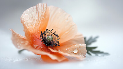 Delicate orange poppy flower with dewdrops, showcasing its intricate details and soft petals. serene and beautiful natural scene