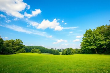 Vibrant Green Meadow Under a Bright Blue Sky with Fluffy Clouds