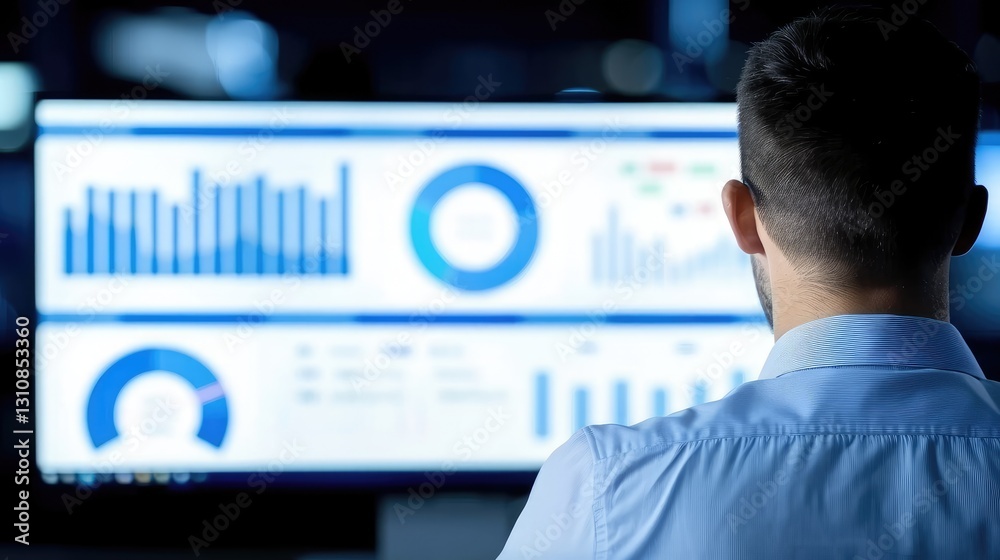Poster man analyzing data on a large screen in a dark environment.