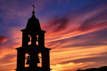 A striking silhouette of a church bell tower rises against a stunning sunset, with rich hues of orange, purple, and pink painting the sky, creating an enchanting atmosphere