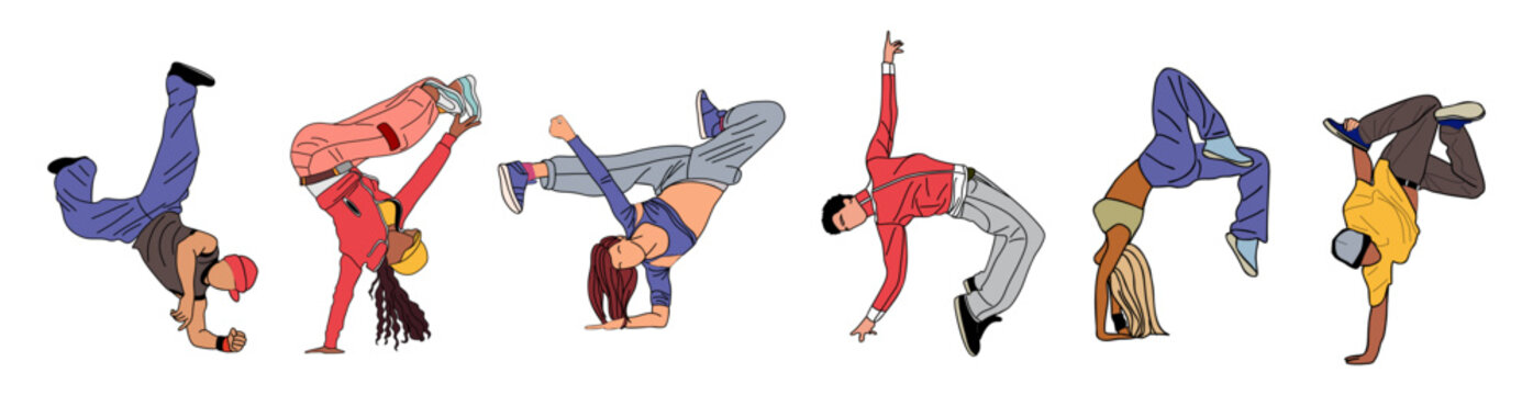 Set of Break dance Dancers. Young Men and Women in Different Movement Poses. Cool girls and boys dancing street dance, hip hop in stylish bright clothes. Korean japanese asian cartoon style vector.