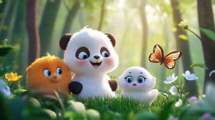 Three friendly cartoon creatures are smiling amongst greenery and flowers