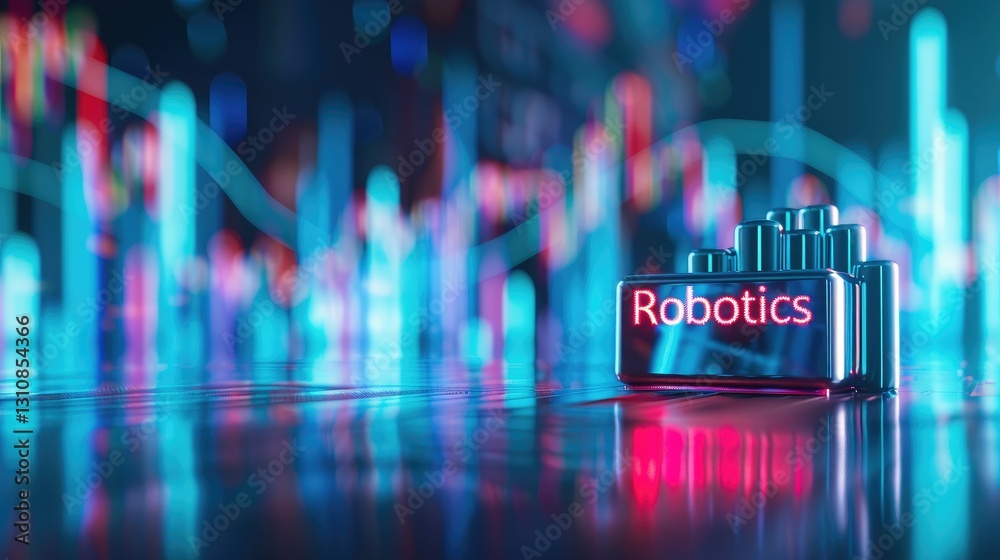 Poster robotics concept with colorful data visualization background.