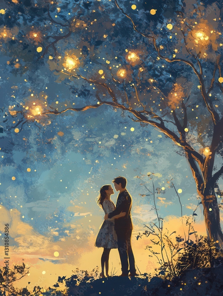 Poster Couple embracing under a starry sky with a warm glow in a dreamy evening setting