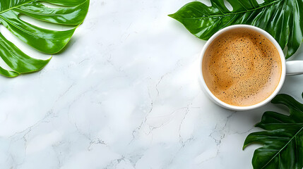 Fresh Coffee in White Mug Surrounded by Green Leaves on Marble Surface