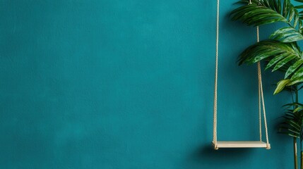Tranquil indoor swing against vibrant teal wall and lush plant