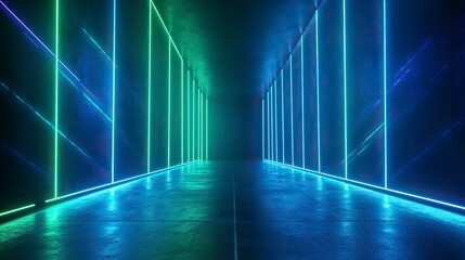 Fototapeta premium 3D rendering of blue and green neon light lines on a dark background with a floor for product presentation in an abstract style. Glowing scene with empty space. Abstract futuristic design for a show.