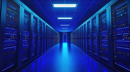 A high-tech data center corridor with illuminated server racks glowing in blue. Ideal for cloud computing, cybersecurity, IT infrastructure, and network security concepts