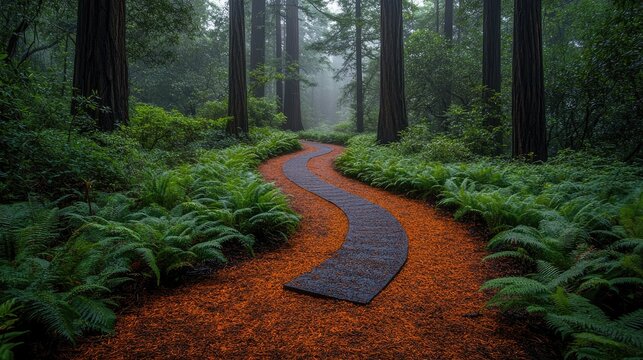 A serene forest pathway winds through towering redwood trees, illuminated by soft sunlight filtering through the leaves.