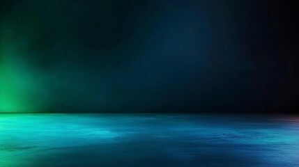 3D rendering of blue and green neon light lines on a dark background with a floor for product presentation in an abstract style. Glowing scene with empty space. Abstract futuristic design for a show.