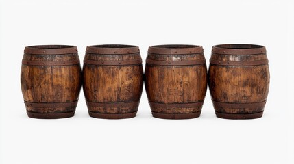 Obraz premium Wooden barrels arranged in a row on a white background