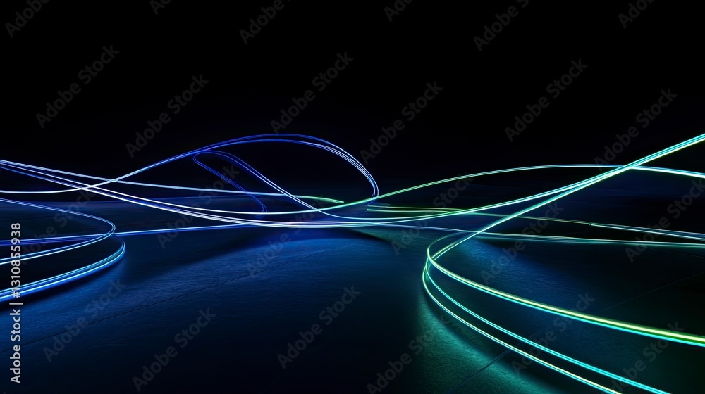 Wall mural 3d rendering of blue and green neon light lines on a dark background with a floor for product presen