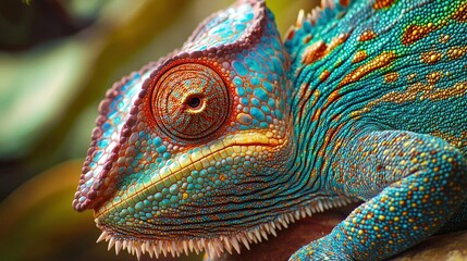 Fototapeta premium Close-Up of Colorful Chameleon Skin Revealing Intricate Textures and Patterns