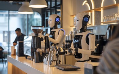 Robotic baristas making coffee in a cafe