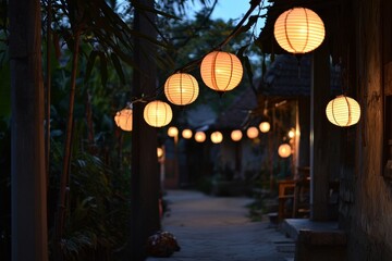 Naklejka premium A quiet alley glows with the soft light of hanging lanterns, creating a peaceful atmosphere. The distant laughter of children fades as the night deepens