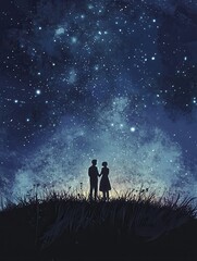 Fototapeta premium Couple holding hands under starry sky creating a warm romantic glow in a dreamy atmosphere at night