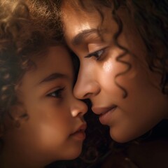 Obraz premium A mother gently interacts with her daughter, sharing a tender moment filled with affection. Their close faces create an intimate atmosphere that highlights their bond