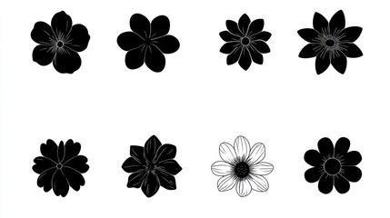 Eight monochrome flower silhouettes; design elements; white background; graphic design