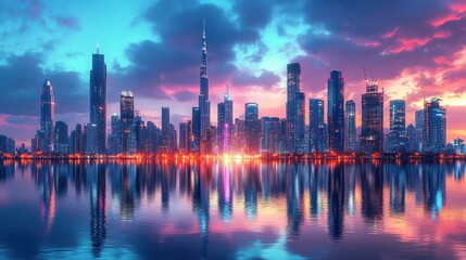 Fototapeta premium panoramic view of a vibrant cityscape with towering skyscrapers reflecting in calm waters at twilight offering a serene yet modern aesthetic