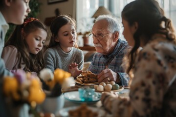 Obraz premium Family members are engaged in conversation while enjoying snacks together in a cozy living room filled with warmth and laughter. Children listen attentively to the elder's tales