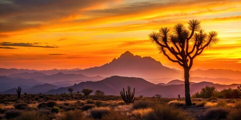 Obraz premium A majestic sunset illuminates the desert landscape, casting a golden hue upon the distant mountain range, silhouetting a solitary yucca tree and other desert flora against the vibrant sky.