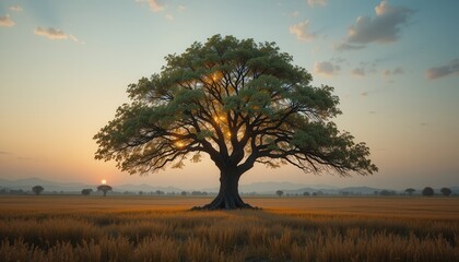 Obraz premium Majestic Tree in Golden Field at Sunset Serene Nature Landscape
