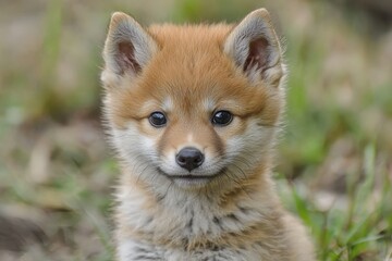 Fototapeta premium Close-up of Fluffy Japanese Shiba Inu Puppy Captured in Natural Outdoor Setting
