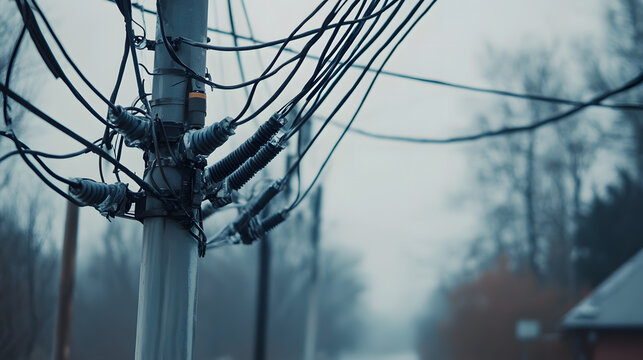 Damaged electrical infrastructure with fallen power lines, illustrating the impact of severe weather or natural disasters on essential services and public safety.